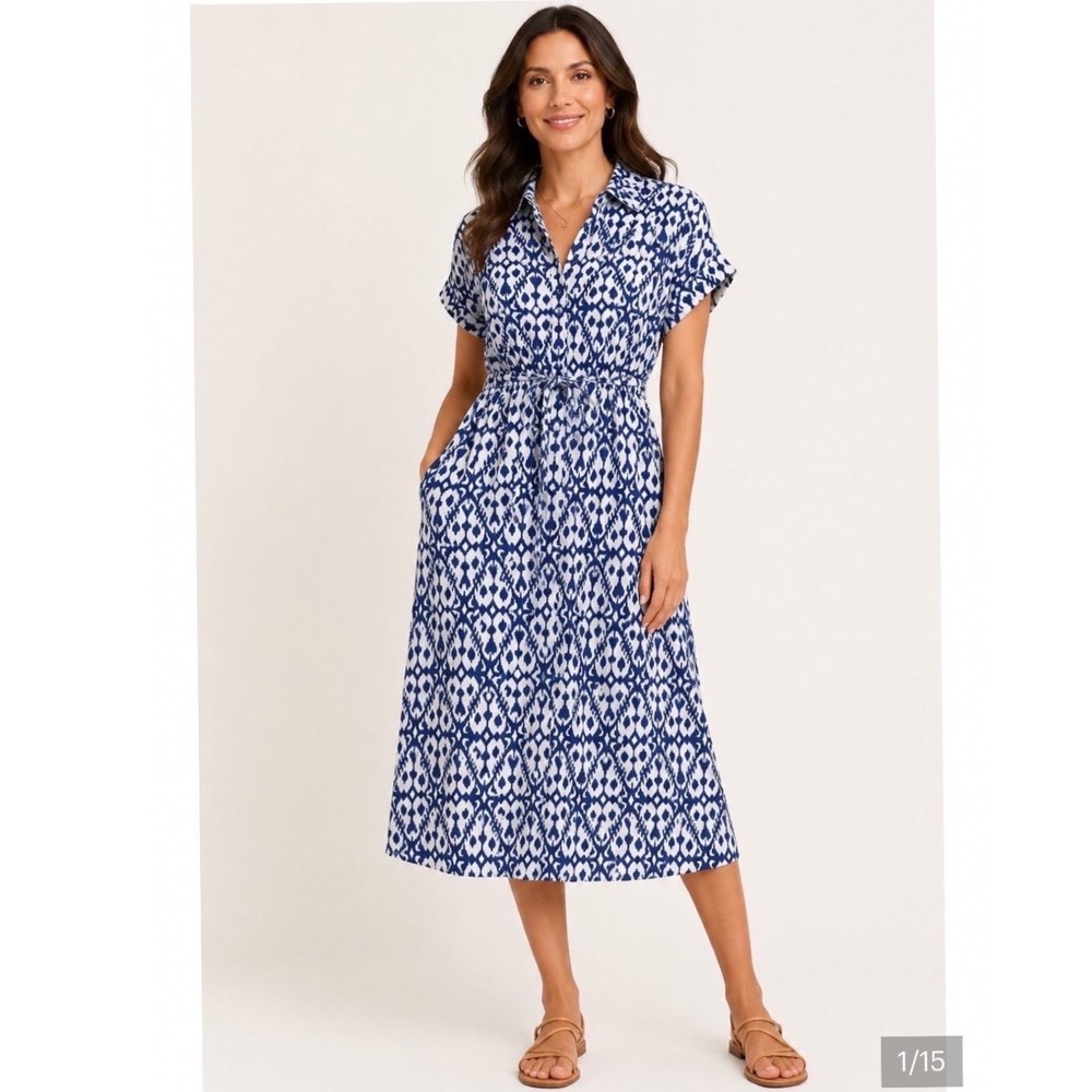 Jewel Badgley Mischka Shirt Dress Womens XS Blue White Ikat Cotton  Blend Midi